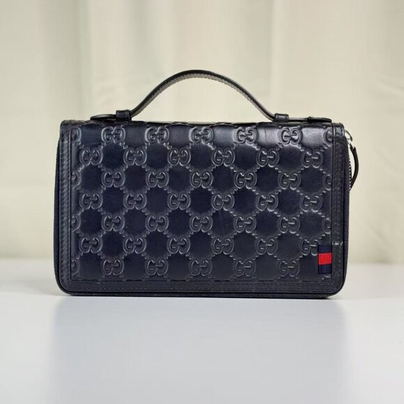 Gucci Navy Leather Clutch GG Coated Canvas - Picture 1 of 10